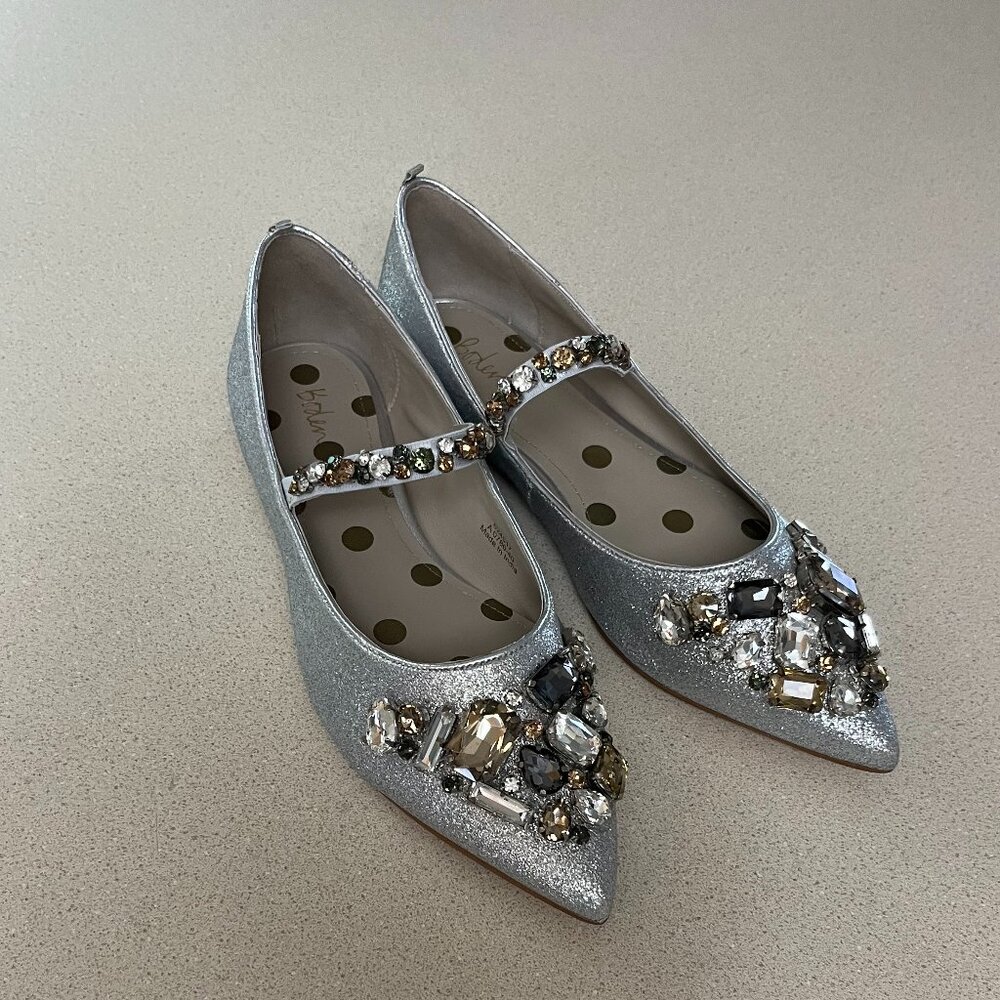 Boden brand silver "gem" encrusted flat shoes, size 40